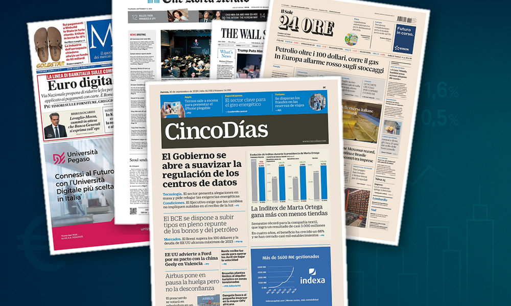 Collage delle prime pagine analizzate: Energia cara e banche in movimento