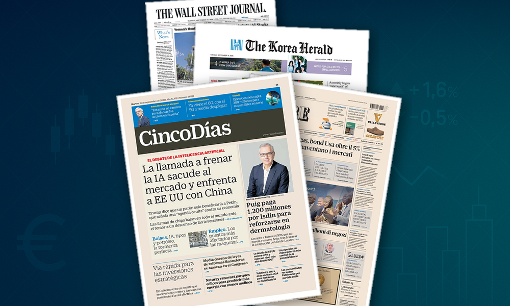 Collage delle prime pagine analizzate: Petrolio, tassi e IA agitano i mercati
