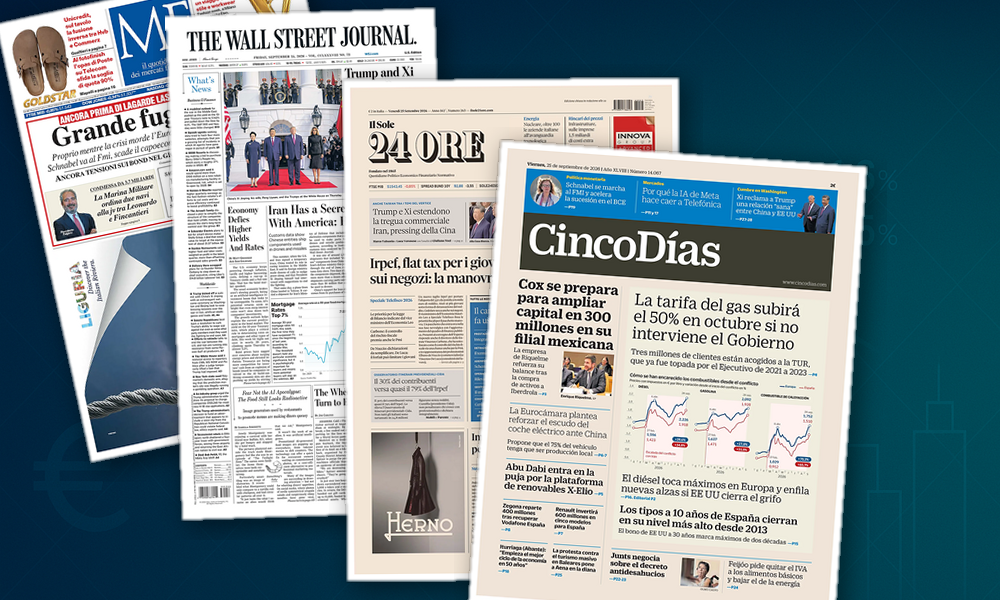 Collage delle prime pagine analizzate: Fisco, banche ed energia dominano le prime pagine