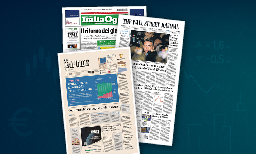 Collage delle prime pagine analizzate: Affitti, fisco e talenti in movimento
