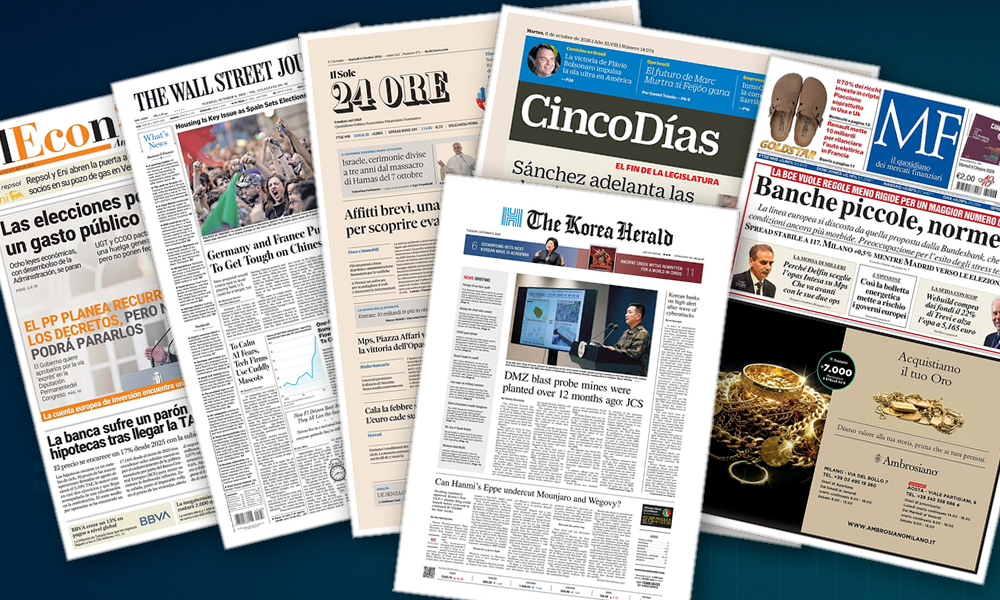 Collage delle prime pagine analizzate: Banche, fisco e mercati in primo piano
