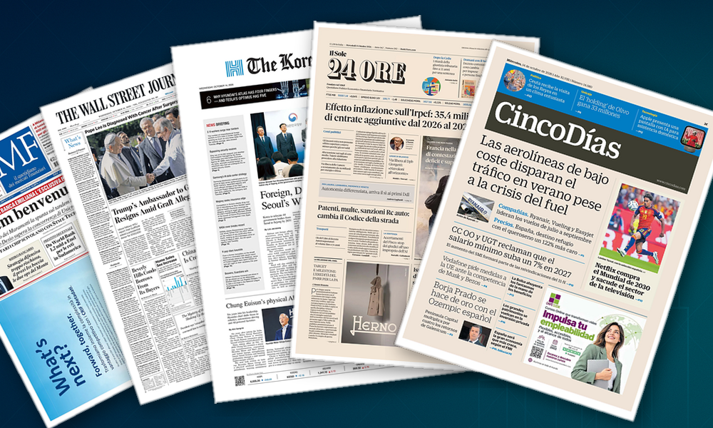 Collage delle prime pagine analizzate: Banche, conti pubblici e mercati in movimento