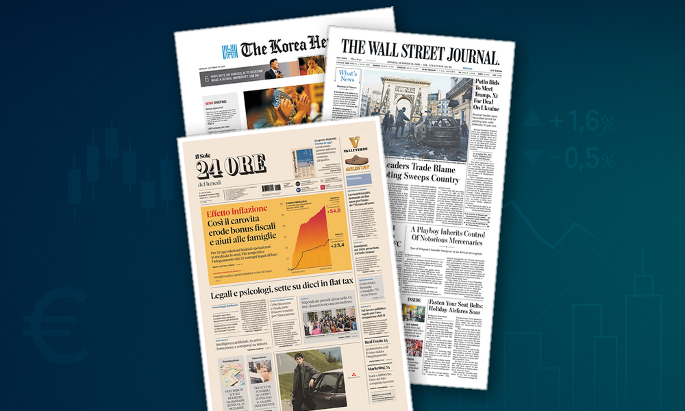 Collage delle prime pagine analizzate: Inflazione, flat tax e lavoro al centro