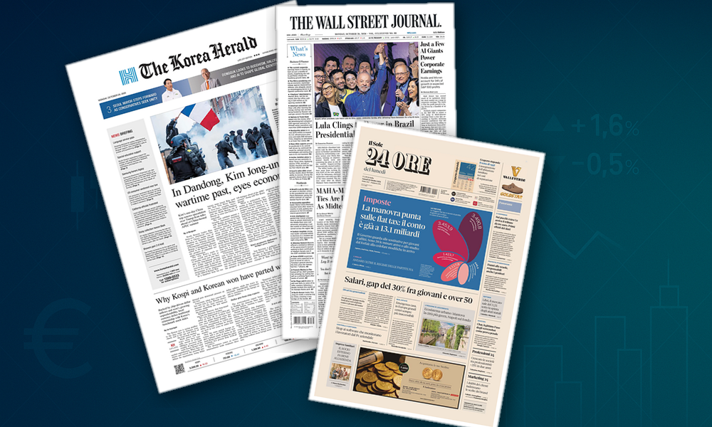 Collage delle prime pagine analizzate: Flat tax, salari e dogane: l’agenda economica