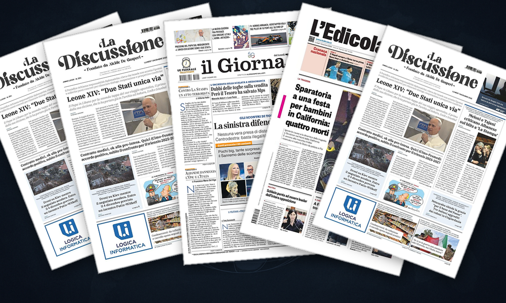 Collage delle prime pagine analizzate: Kiev in bilico, Gaza nell’ombra