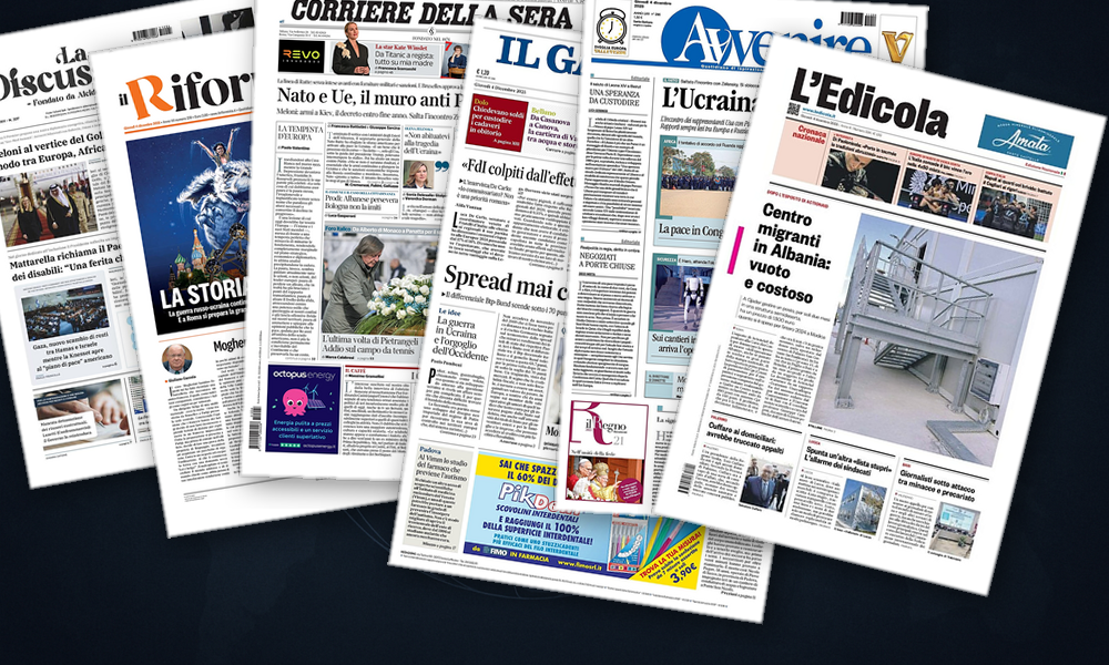 Collage delle prime pagine analizzate: Ucraina in stallo, l’Europa stringe i bulloni
