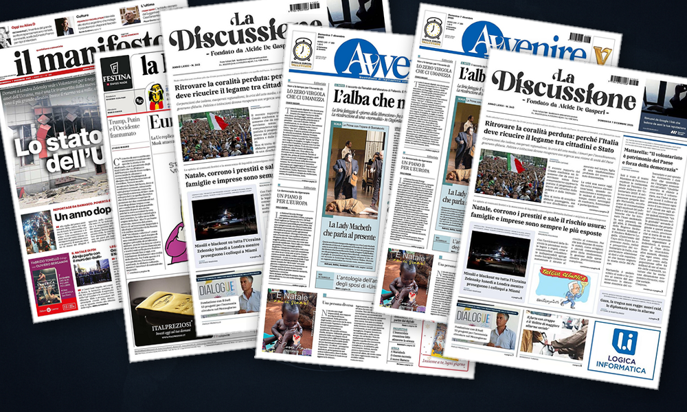 Collage delle prime pagine analizzate: Europa in trincea tra USA, Kiev e Gaza
