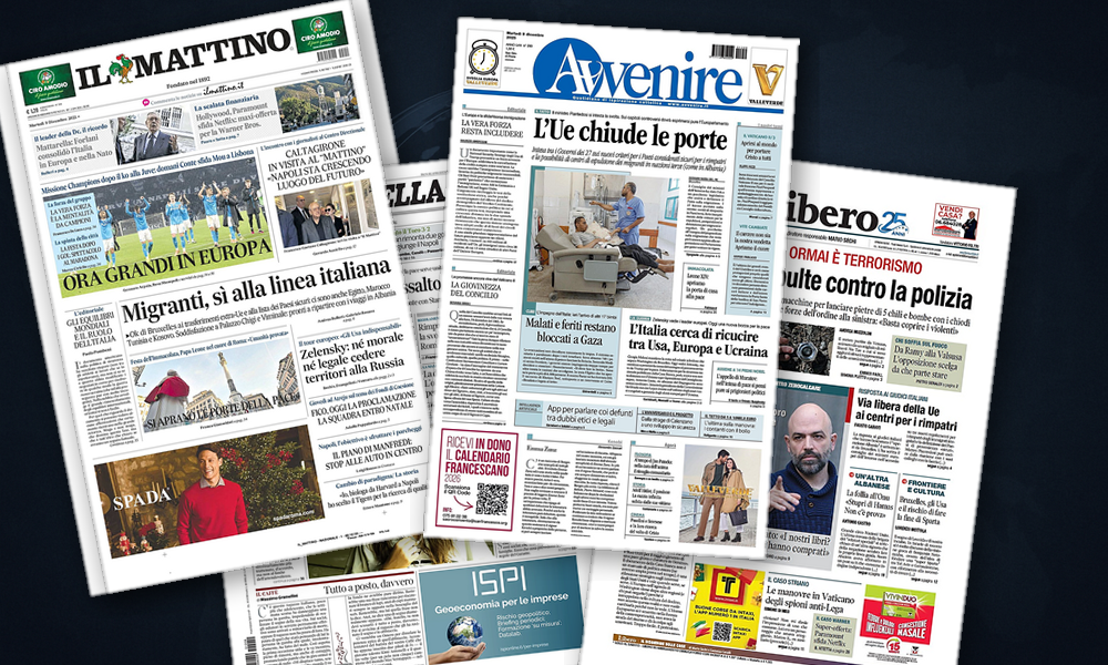 Collage delle prime pagine analizzate: Zelensky, Ue e migranti: l'Europa si misura