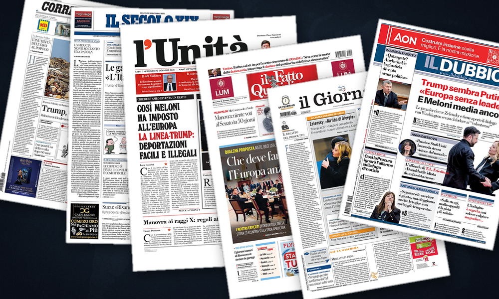 Collage delle prime pagine analizzate: Ultimatum, mediazione e Europa sotto pressione