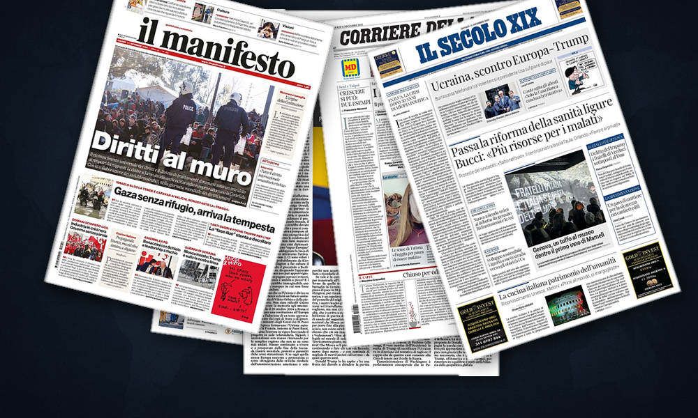 Collage delle prime pagine analizzate: Europa tra Trump e Kiev