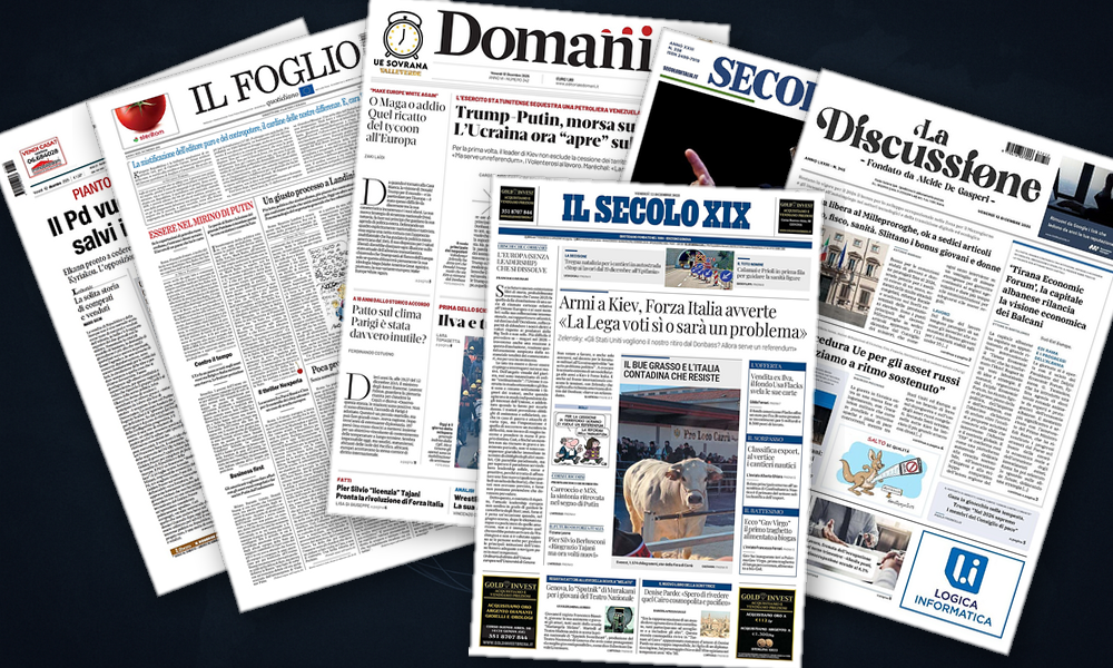 Collage delle prime pagine analizzate: Europa divisa, Kiev resiste