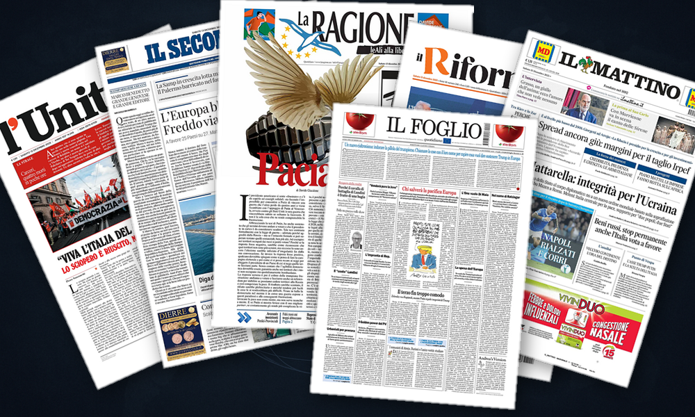Collage delle prime pagine analizzate: Europa dura con Mosca, Gaza al gelo