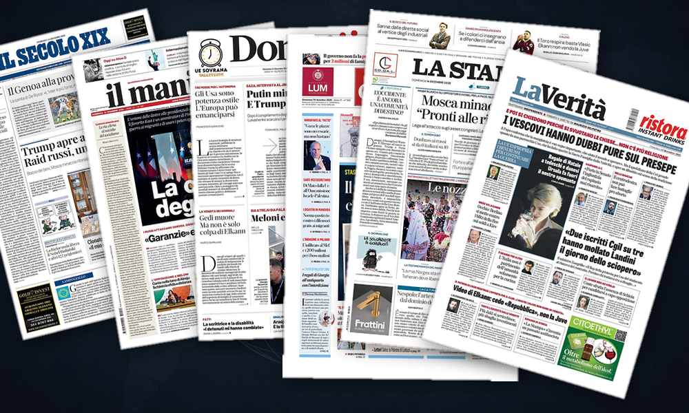 Collage delle prime pagine analizzate: Europa tra ritorsioni e negoziati