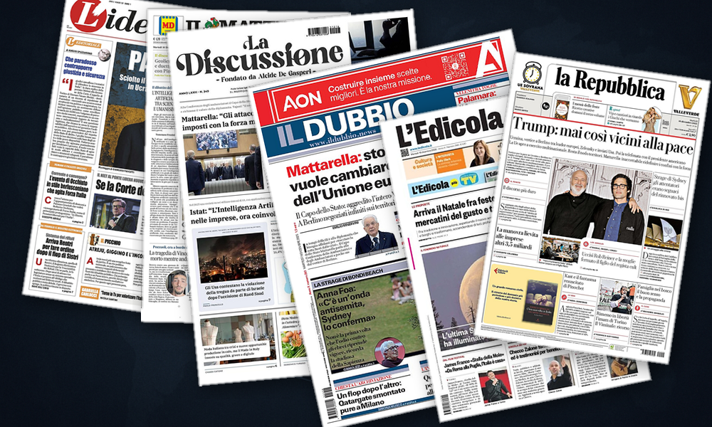 Collage delle prime pagine analizzate: Pace contesa e ombre globali