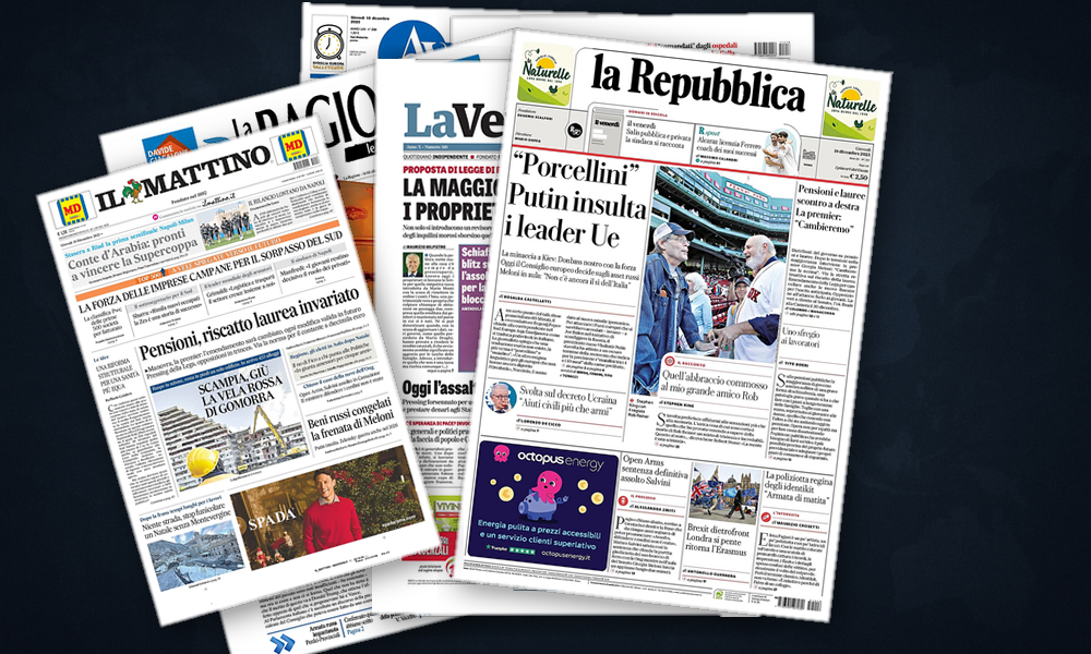 Collage delle prime pagine analizzate: Bruxelles divisa, Gaza sanguina, Americhe in ebollizione