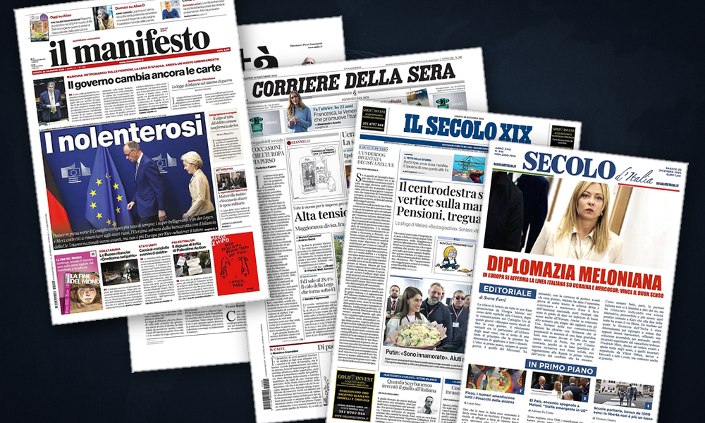 Collage delle prime pagine analizzate: Europa, prestito e pressioni globali