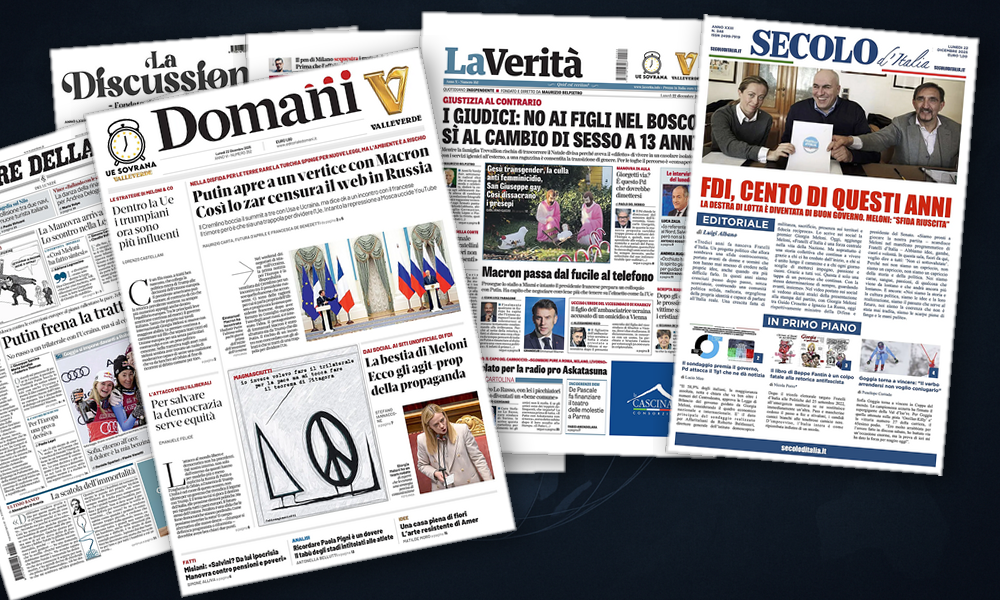 Collage delle prime pagine analizzate: Tra Miami e Macron, l’Europa in bilico