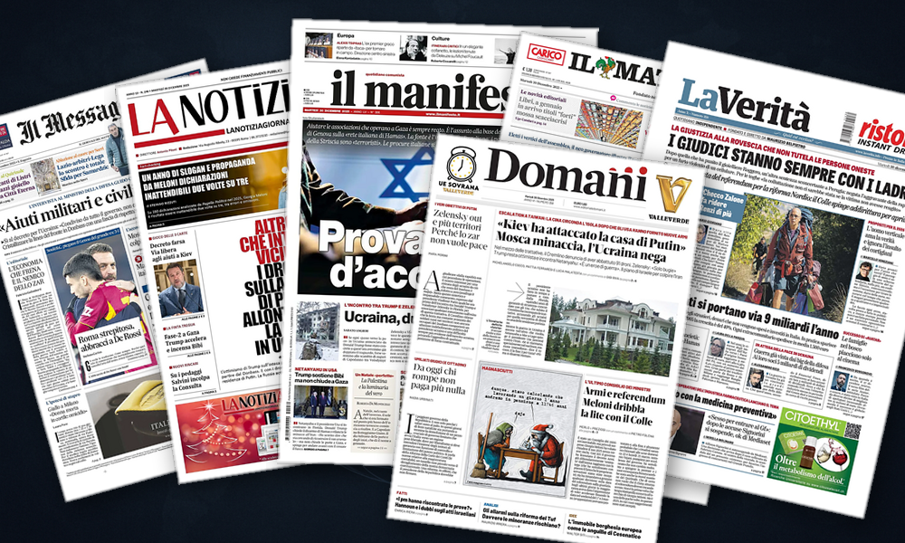 Collage delle prime pagine analizzate: Gelo su Kiev, ombre su Gaza