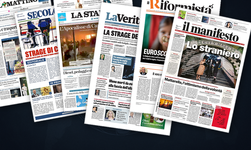 Collage delle prime pagine analizzate: Ucraina, Gaza ed Euro a 21