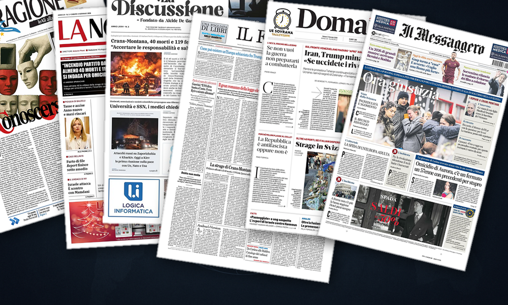 Collage delle prime pagine analizzate: Iran in fiamme, Kiev in pressing