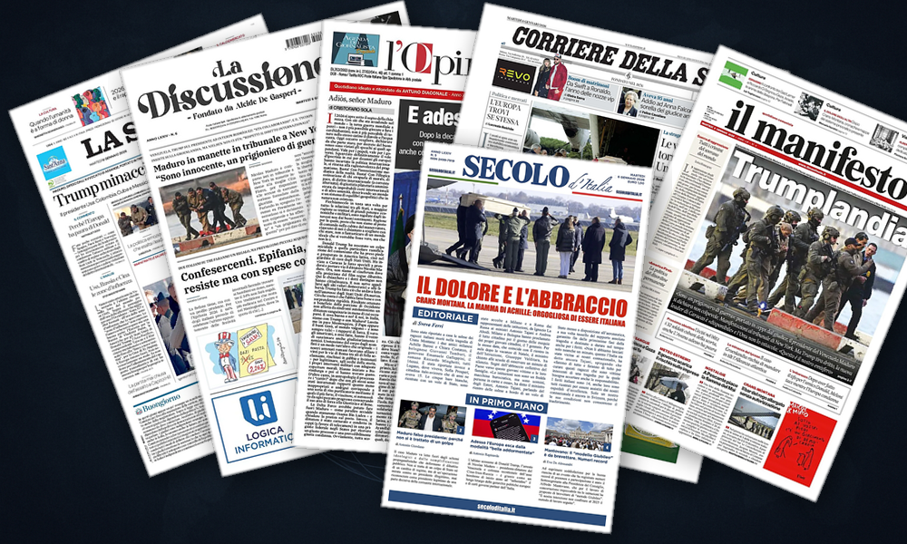 Collage delle prime pagine analizzate: Venezuela e Groenlandia dominano la scena