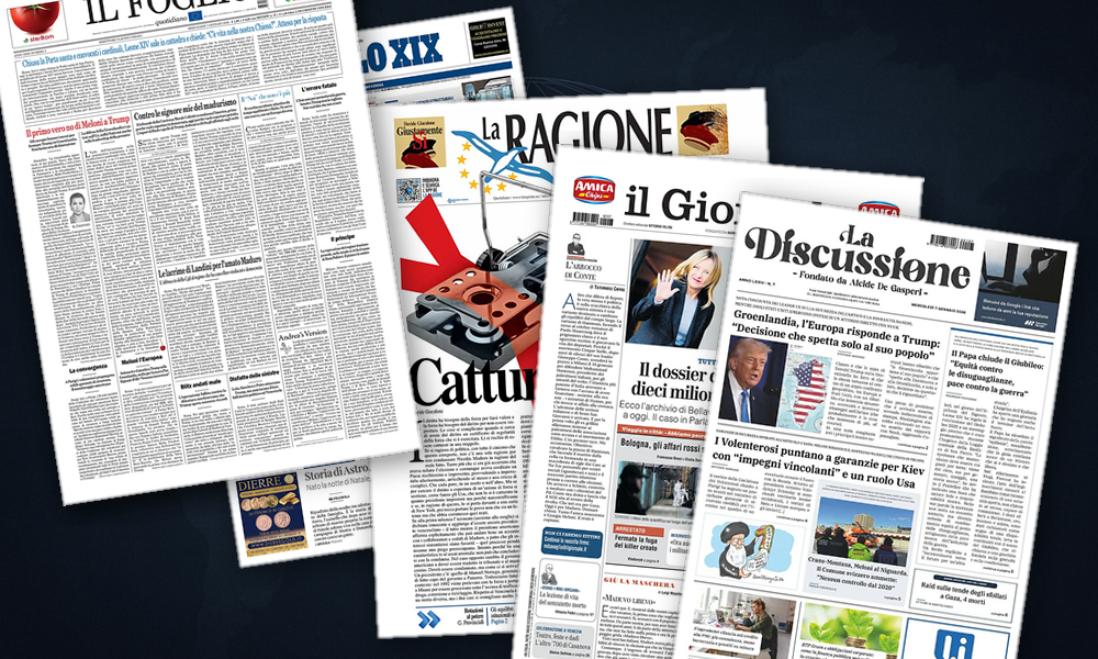 Collage delle prime pagine analizzate: Groenlandia e Ucraina dominano le prime pagine