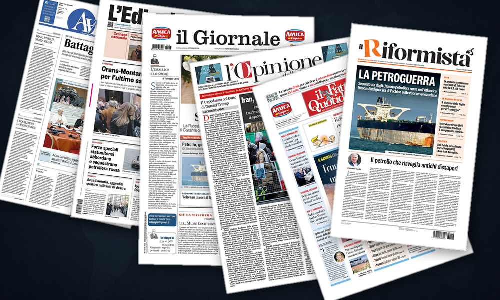 Collage delle prime pagine analizzate: Petrolio, Groenlandia e Iran in prima fila