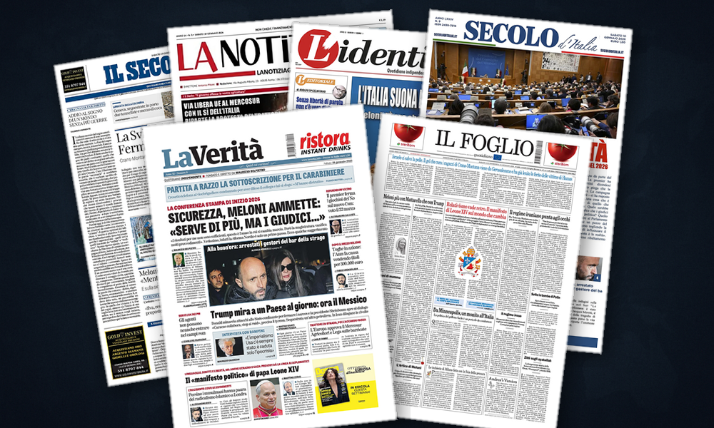 Collage delle prime pagine analizzate: Iran in fiamme, Europa tra Mosca e Mercosur