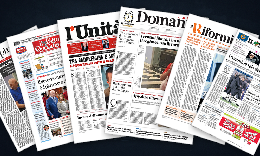 Collage delle prime pagine analizzate: Iran in fiamme e svolta in Venezuela
