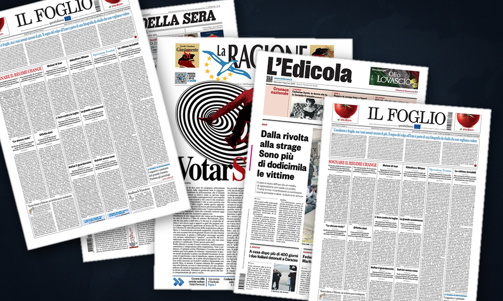 Collage delle prime pagine analizzate: Iran in fiamme, Trump alza la posta