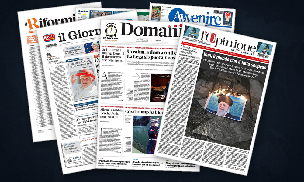 Collage delle prime pagine analizzate: Iran, Ucraina e Artico dominano le prime pagine
