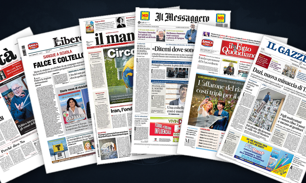 Collage delle prime pagine analizzate: Groenlandia, Iran e Asia: tre fronti aperti