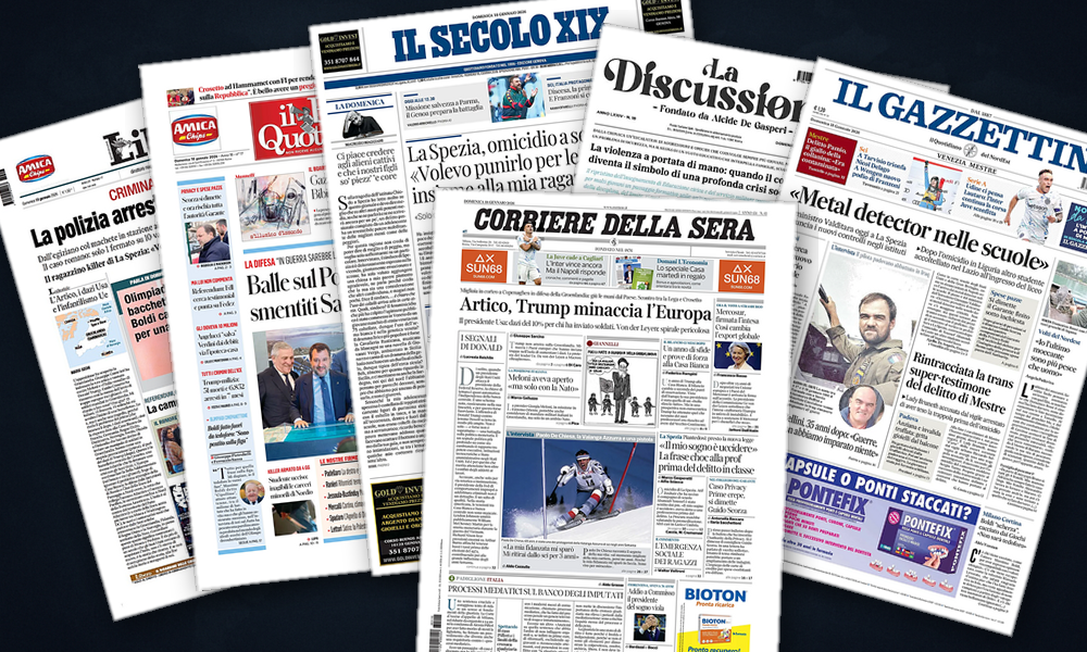 Collage delle prime pagine analizzate: Groenlandia, Gaza e Iran: lagenda estera