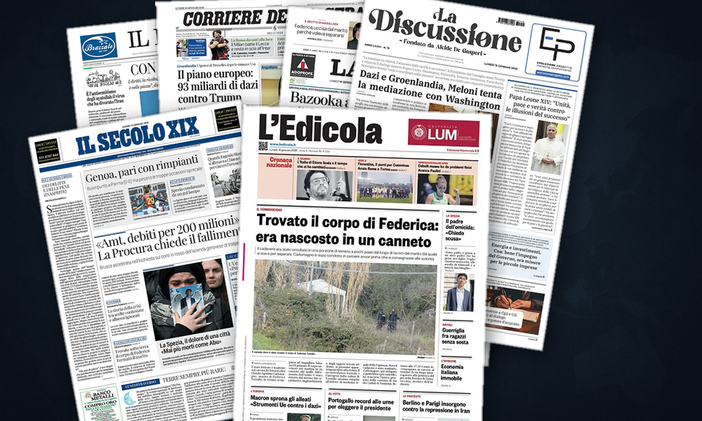 Collage delle prime pagine analizzate: Dazi, Groenlandia e un'Europa divisa