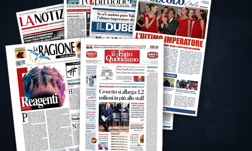 Collage delle prime pagine analizzate: Groenlandia, Gaza e Iran dividono le prime pagine
