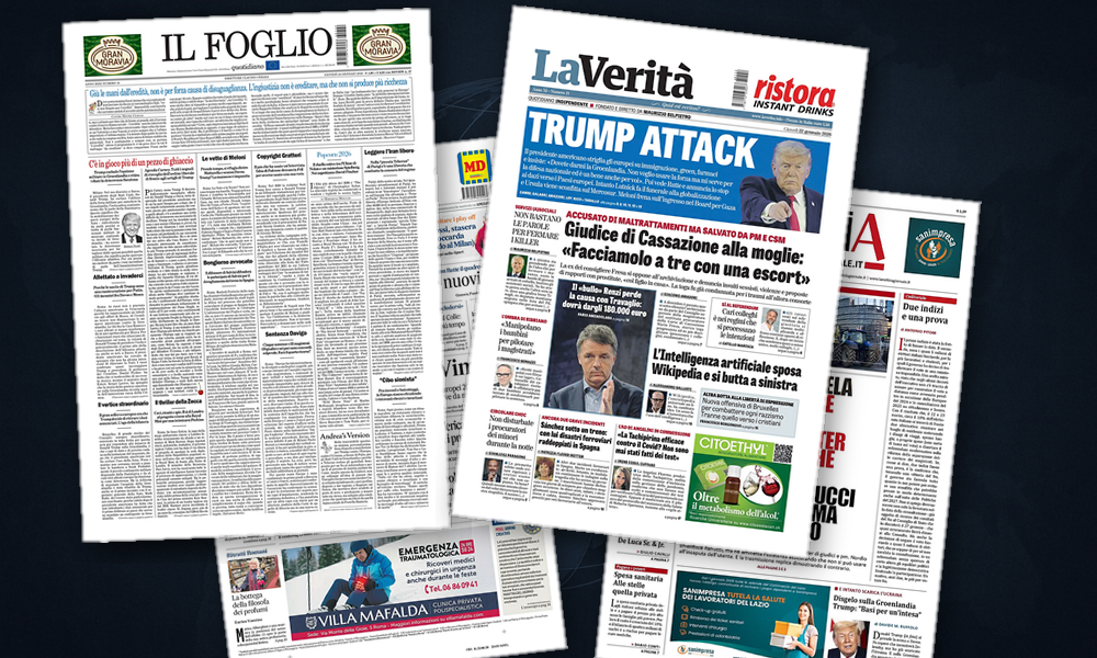 Collage delle prime pagine analizzate: Groenlandia, Gaza e Mercosur in prima pagina
