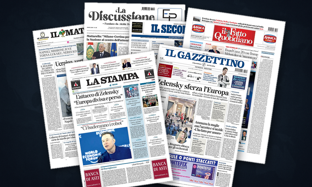 Collage delle prime pagine analizzate: Davos ridisegna gli equilibri globali