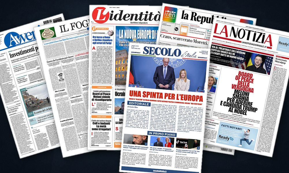 Collage delle prime pagine analizzate: Donbass, asse Roma-Berlino e il "Board"