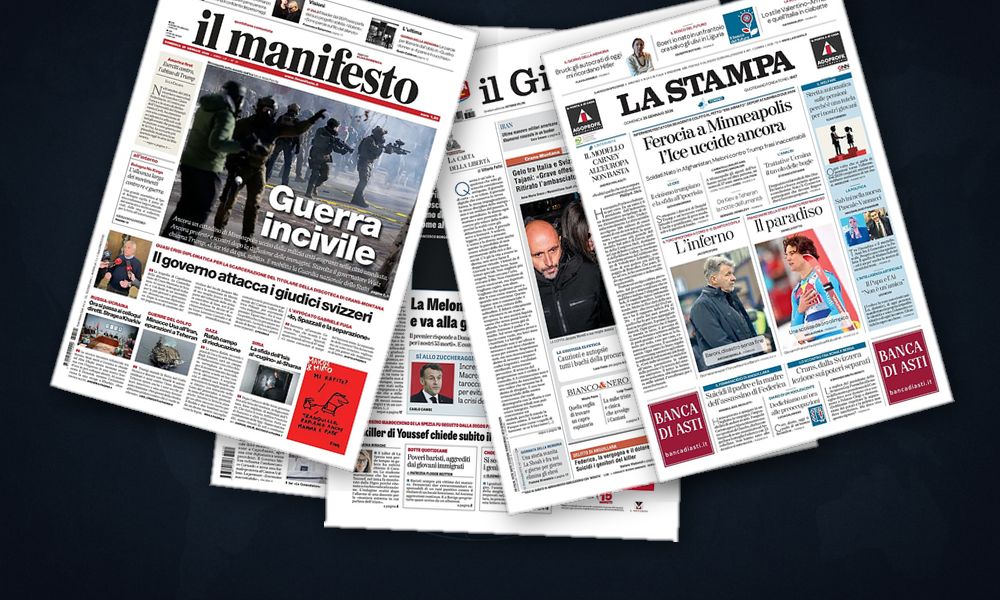 Collage delle prime pagine analizzate: Minneapolis, Kiev e Berna: l’agenda estera italiana