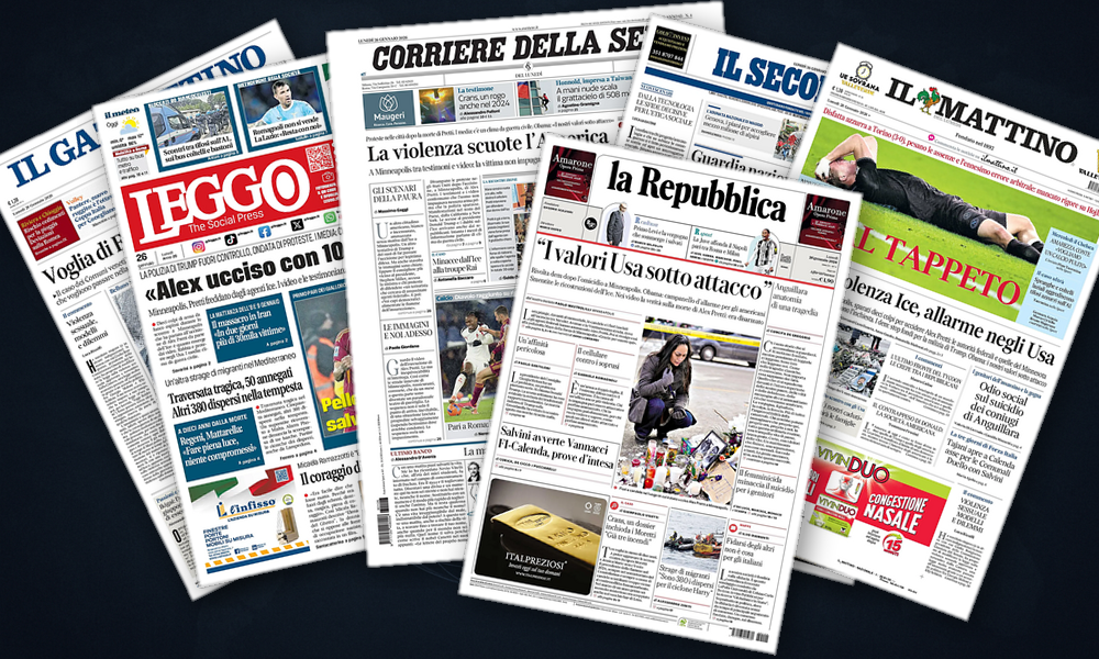 Collage delle prime pagine analizzate: USA in fiamme, Iran al collasso, Europa in bilico