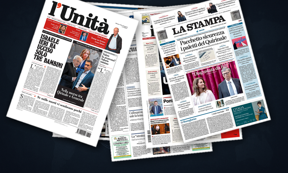 Collage delle prime pagine analizzate: Dalla minaccia Iran-USA al gelo ucraino