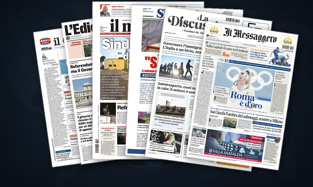 Collage delle prime pagine analizzate: Ucraina, Europa e crisi globali