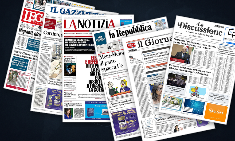 Collage delle prime pagine analizzate: Asse Roma-Berlino, Kiev tra aiuti e urne