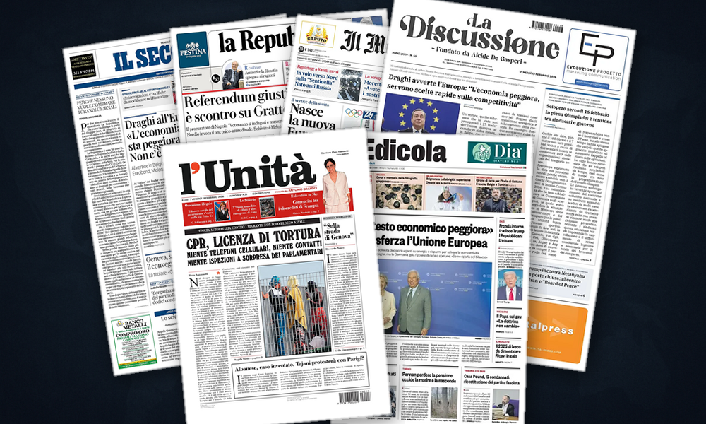 Collage delle prime pagine analizzate: Europa in corsa, America in bilico