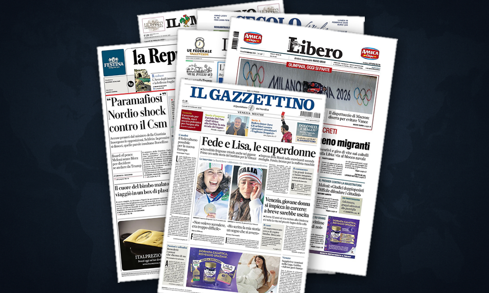 Collage delle prime pagine analizzate: Europa tra Gaza e autonomia strategica