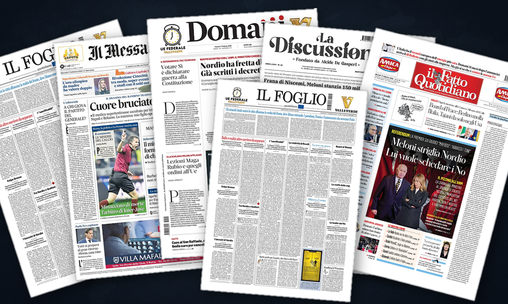Collage delle prime pagine analizzate: Gaza divide l’Europa, Kiev attende Ginevra