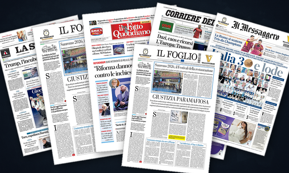 Collage delle prime pagine analizzate: Dazi, Iran e Ucraina: i tre fronti che dominano