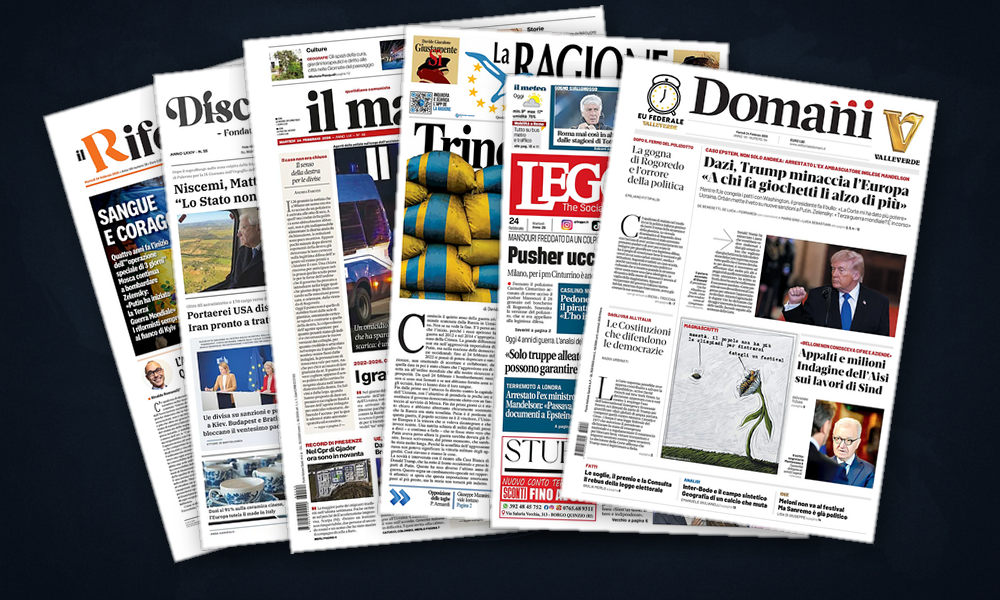 Collage delle prime pagine analizzate: Dazi, Ucraina e Messico in fiamme