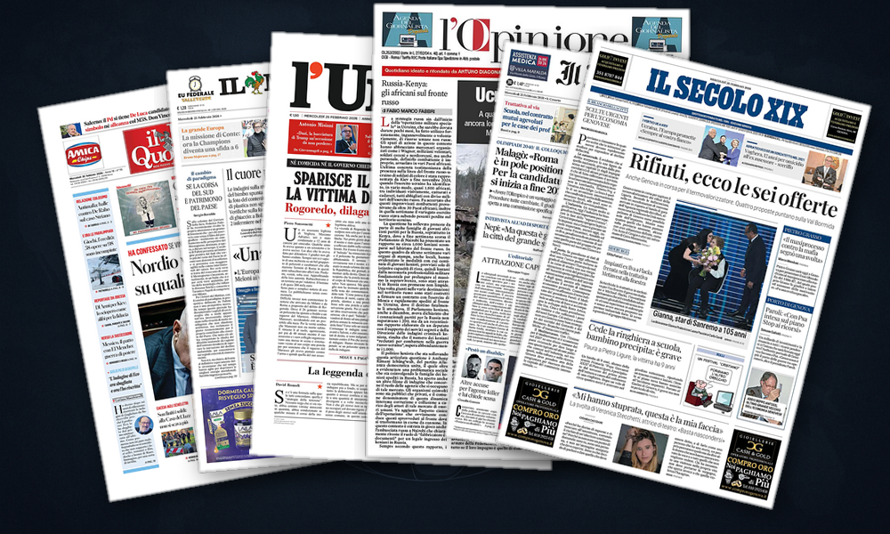 Collage delle prime pagine analizzate: Europa a Kiev, prove di unit e0 fragile
