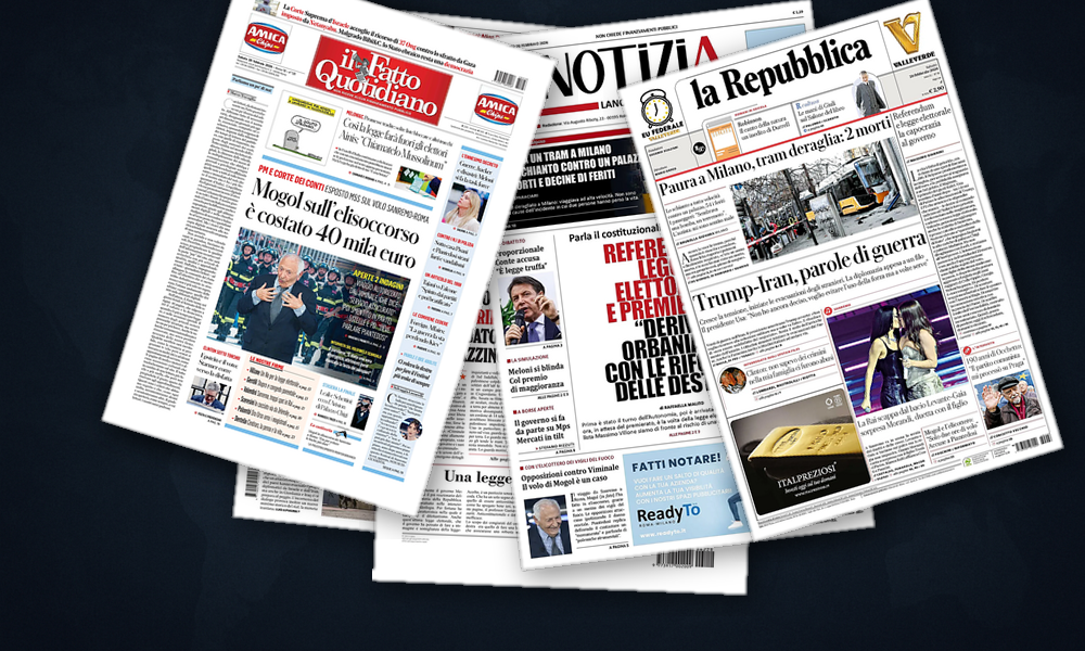 Collage delle prime pagine analizzate: Iran in bilico, Asia in fiamme